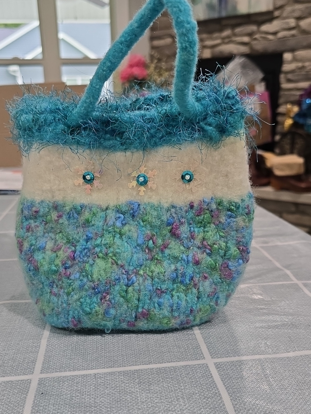 Handmade Blue-Green Textured Wool Tote Bag. Never Used.